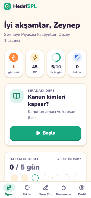Öğren ekranı: günlük seri, XP, günlük hedef ve sıradaki ders kartı